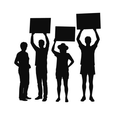 Bir grup Aktivist Silueti İşaretleri Tutuyor. Boş İşaretler Tutan Protestocular. Vektör illüstrasyonu