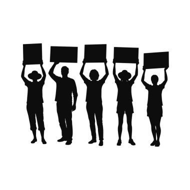 Bir grup Aktivist Silueti İşaretleri Tutuyor. Boş İşaretler Tutan Protestocular. Vektör illüstrasyonu
