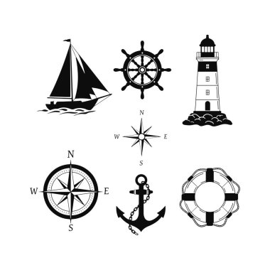 Deniz Sembol Koleksiyonu Siyah ve Beyaz Denizcilik Elementleri. Yelkenli, Gemi Tekeri, Deniz feneri, Pusula, Çapa, Hayat Kurtarıcı. Vektör illüstrasyonu