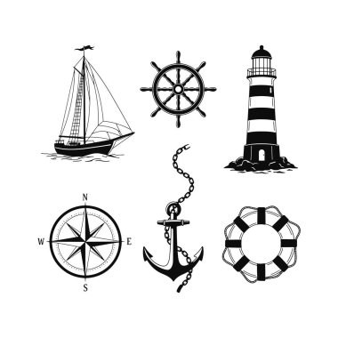 Deniz Sembol Koleksiyonu Siyah ve Beyaz Denizcilik Elementleri. Yelkenli, Gemi Tekeri, Deniz feneri, Pusula, Çapa, Hayat Kurtarıcı. Vektör illüstrasyonu