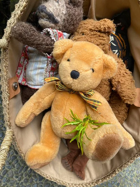 A soft, plush teddy bear doll made of a fuzzy textile material with some leaves on hips lay  on top of other dolls, an adorable representation of an animal.