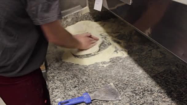 Pizza Chef Work While Rolling Out Balls Dough Pizza Spreading — Stock video