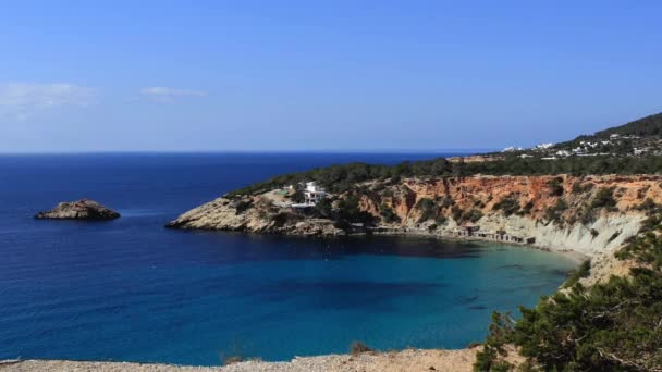 Iconic Cala Hort Balearic Archipelago Aerial View Golden Sand Beach — Αρχείο Βίντεο