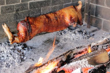 Porceddu, suckling pig or piglet. Cooked over a wood fire on a grill. Traditional Sardinian cuisine. Home made food.