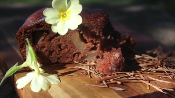 巧克力蛋糕和一杯咖啡在花园里 阳光灿烂的一天夏天和春天 花的构图 — 图库视频影像