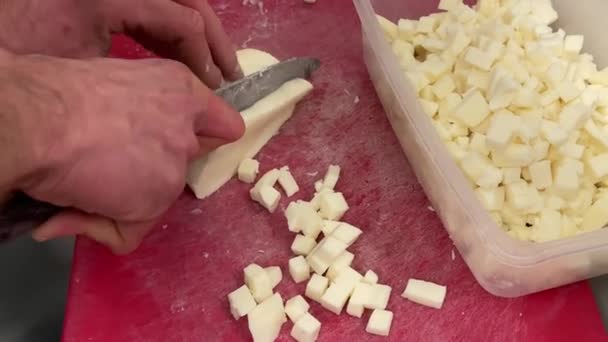 Tagliare Manualmente Mozzarella Con Coltello Lavoro Ristorante Professionale Mozzarella Tagliata — Video Stock