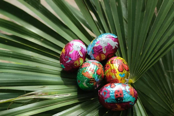Palm Sunday celebration. Easter eggs and palm trees. Holy Sunday lunch and dinner.