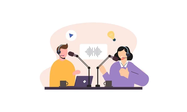 Концепція Podcast Ілюстрація Про Подкаст Podcaster Виступає Ілюстрації Мікрофона — стоковий вектор