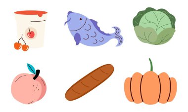 Sağlıklı besin örnekleri. Ekmek, un, süt ürünleri, zeytinyağı ve tereyağı.