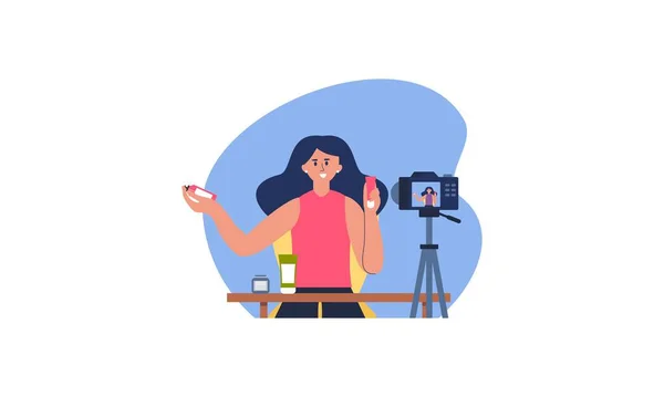 stock vector Beauty blogger recording makeup tutorial video for her vlog illustration