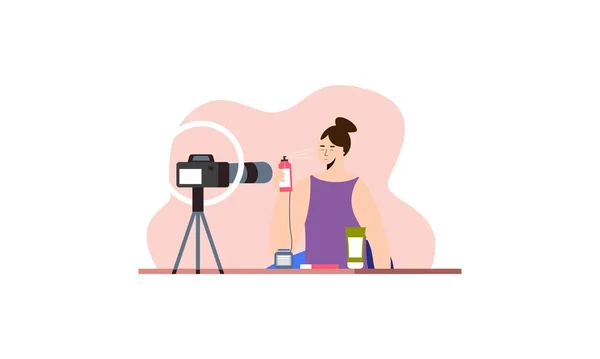 Beauty Blogger Recording Makeup Tutorial Video Her Vlog Illustration — Stock Vector