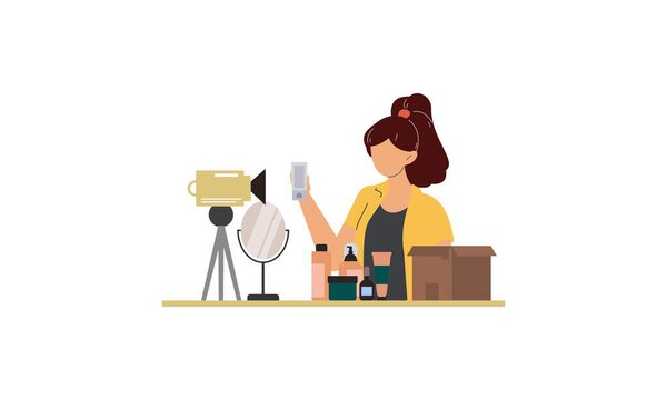 Beauty blogger recording makeup tutorial video for her vlog illustration