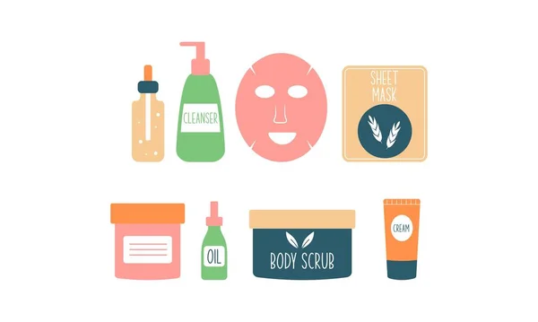 Ensemble Cosmétiques Maquillage Bio Bouteilles Tubes Bocaux Logo — Image vectorielle