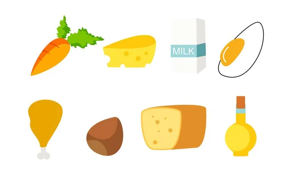 Conjunto Alimentos Alimentos Saludables Ilustración Pan Harina Productos Lácteos Aceite — Vector de stock
