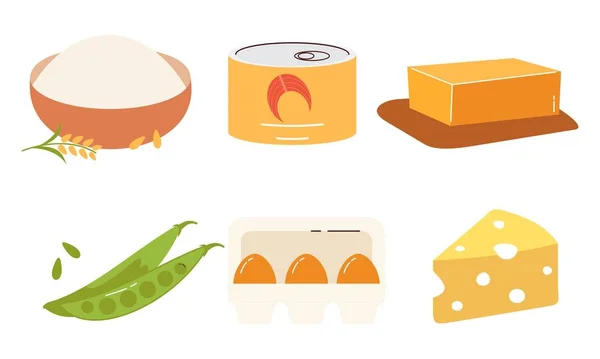 Σύνολο Ειδών Παντοπωλείου Υγιή Απεικόνιση Τροφίμων Ψωμί Αλεύρι Γαλακτοκομικά Προϊόντα — Διανυσματικό Αρχείο