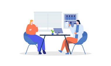 Hasta, hastane illüstrasyonunda doktor terapistle hastalık belirtileri hakkında görüşüyor.