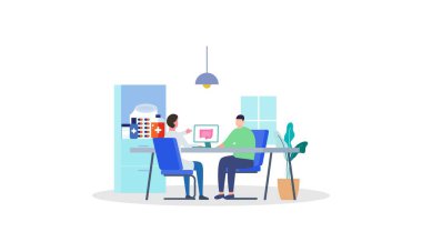 Hasta, hastane illüstrasyonunda doktor terapistle hastalık belirtileri hakkında görüşüyor.