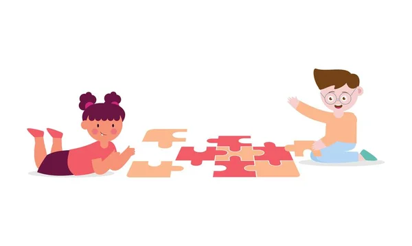 Glücklich Süße Kleine Kinder Spielen Puzzle Illustration — Stockvektor
