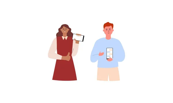Szczęśliwi Ludzie Pokazując Ekranów Telefonów Komórkowych Ilustracji — Wektor stockowy