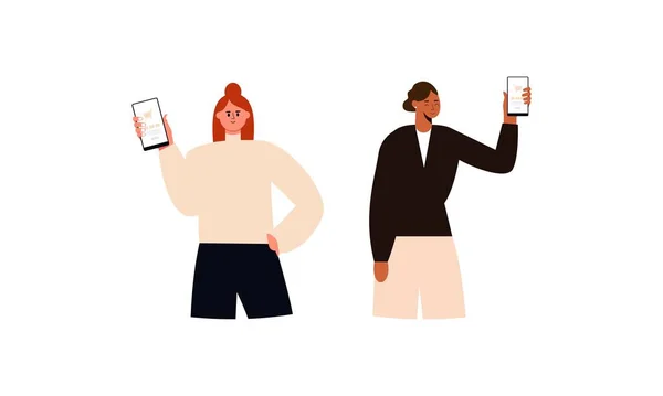 Счастливые Люди Показывают Иллюстрации Экрана Мобильных Телефонов — стоковый вектор