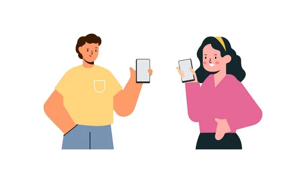 携帯電話の画面を示す幸せな人々イラスト — ストックベクタ