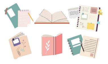 Kağıt defterler, not defterleri, günlükler, planlayıcılar, düzenleyiciler vektörü ayarlar