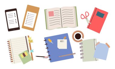 Kağıt defterler, not defterleri, günlükler, planlayıcılar, düzenleyiciler vektörü ayarlar