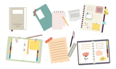 Kağıt defterler, not defterleri, günlükler, planlayıcılar, düzenleyiciler vektörü ayarlar