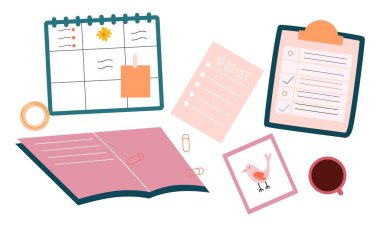 Kağıt defterler, not defterleri, günlükler, planlayıcılar, düzenleyiciler vektörü ayarlar