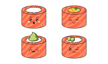 Çeşitli kawaii suşi, rulo, nigiri. Japon çizgi film tarzı