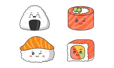 Çeşitli kawaii suşi, rulo, nigiri. Japon çizgi film tarzı