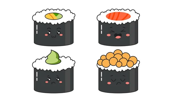 Various Kawaii Sushi Rolls Nigiri Japanese Cartoon Style — Stock Vector