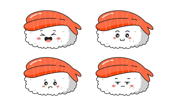 Vários Kawaii Sushi Rolos Nigiri Estilo Cartoon Japonês —  Vetores de Stock