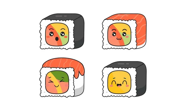 Vari Kawaii Sushi Panini Nigiri Stile Cartone Animato Giapponese — Vettoriale Stock