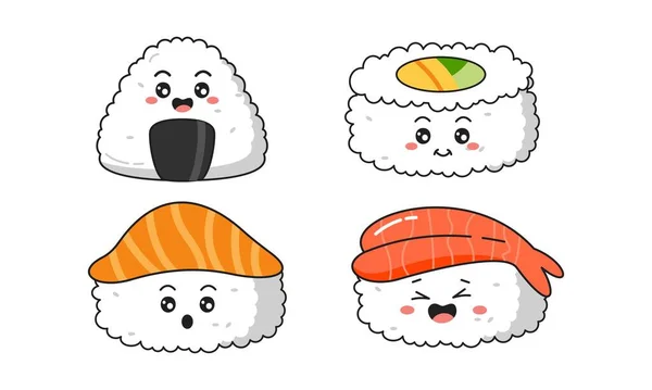 Verschillende Kawaii Sushi Broodjes Nigiri Japanse Cartoon Stijl — Stockvector