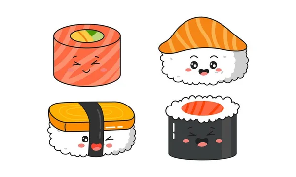 Berbagai Kawaii Sushi Gulungan Nigiri Gaya Kartun Jepang - Stok Vektor