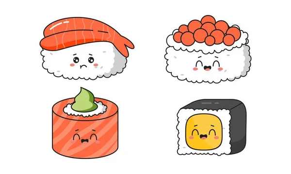 様々なカワイイ寿司 ロール 日本の漫画風 — ストックベクタ