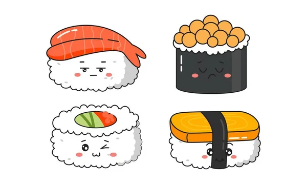 Varios Kawaii Sushi Rollos Nigiri Estilo Japonés Dibujos Animados — Vector de stock