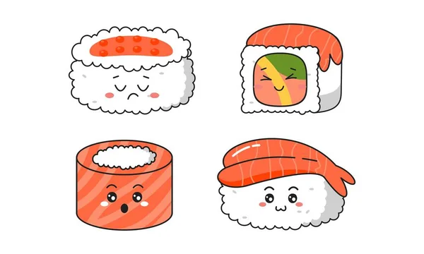 Różne Kawaii Sushi Bułki Nigiri Japoński Styl Kreskówki — Wektor stockowy