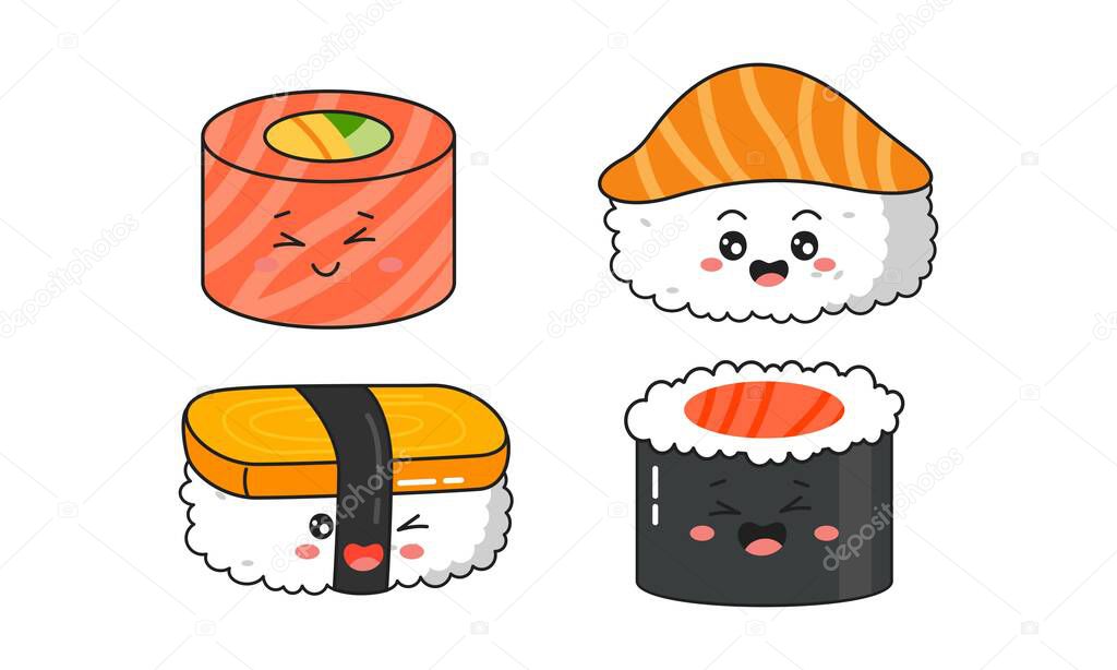 Various kawaii Sushi, rolls, nigiri. Japanese cartoon style