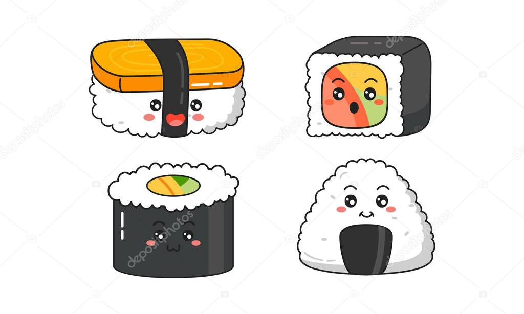 Various kawaii Sushi, rolls, nigiri. Japanese cartoon style