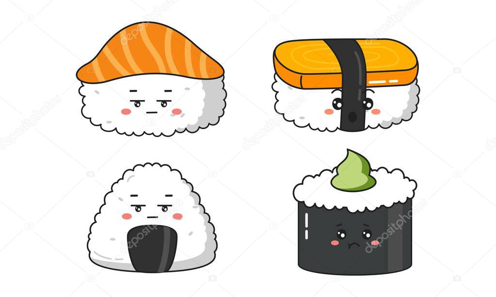 Various kawaii Sushi, rolls, nigiri. Japanese cartoon style
