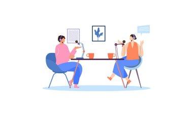 Podcast konsepti. Podcast 'le ilgili illüstrasyon. Podcaster mikrofon illüstrasyonuyla konuşuyor