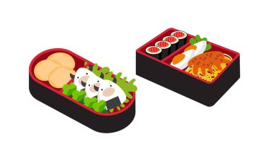 Bento kutusu logosu. Japon beslenme çantası. Çeşitli geleneksel Asya yemek karikatür tarzı