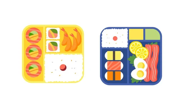 Logo Pudełka Bento Japońskie Pudełko Lunch Różne Tradycyjne Azjatyckie Jedzenie — Wektor stockowy