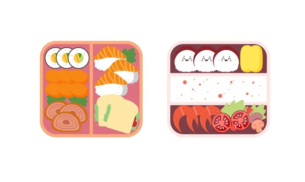 Bento Box Logotyp Japansk Lunchlåda Olika Traditionella Asiatiska Mat Tecknad — Stock vektor