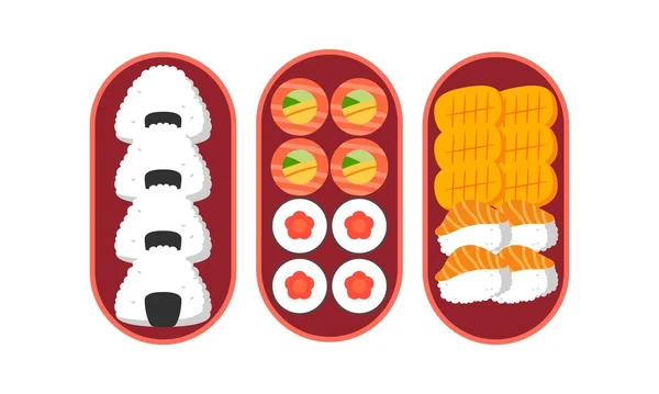 Bento Box Logo Japanse Broodtrommel Diverse Traditionele Aziatische Voedsel Cartoon — Stockvector