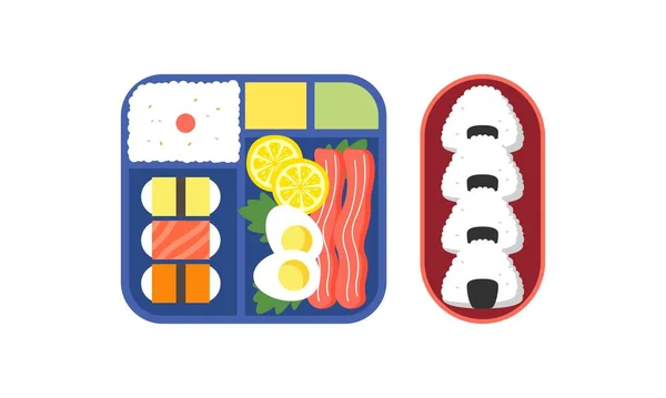 Bento Box Logo Japanische Lunchbox Verschiedene Traditionelle Asiatische Lebensmittel Cartoon — Stockvektor