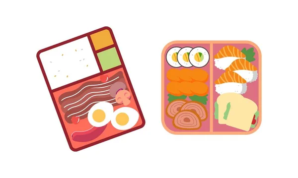 Bento Kutusu Logosu Japon Beslenme Çantası Çeşitli Geleneksel Asya Yemek — Stok Vektör