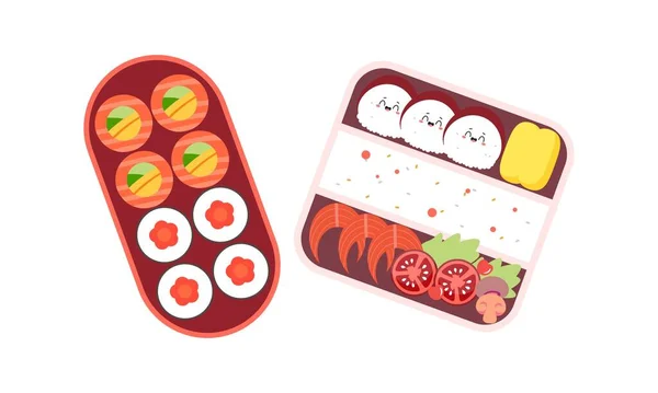 Bento Box Logo Japanse Broodtrommel Diverse Traditionele Aziatische Voedsel Cartoon — Stockvector